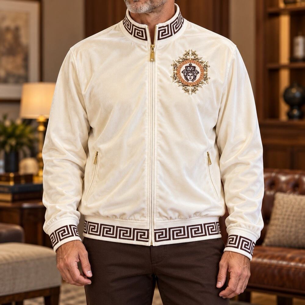 Prestige Original Mens XL Cream Velour Jacket Medusa Embroidered Greek Key